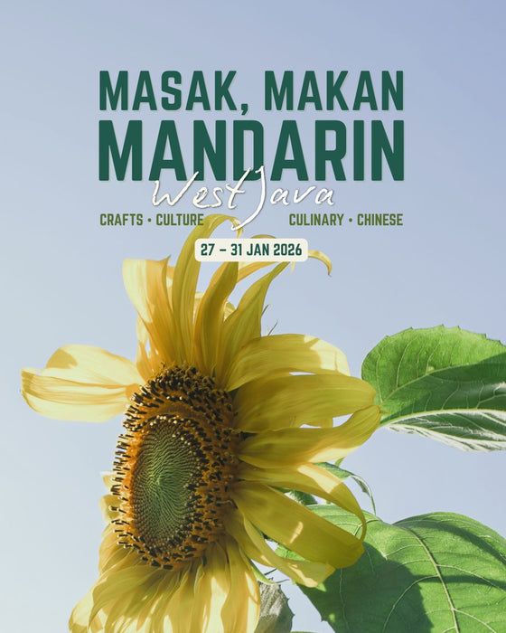 Sunflower with promotional text for 'Masak, Makan Mandarin West Java' event on a light blue background