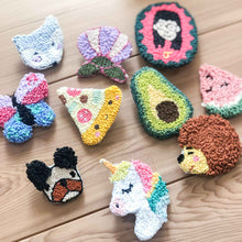  punch needle brooch workshop, fox butterfly french bulldog unicorn portrait avocado hedgehog seashell