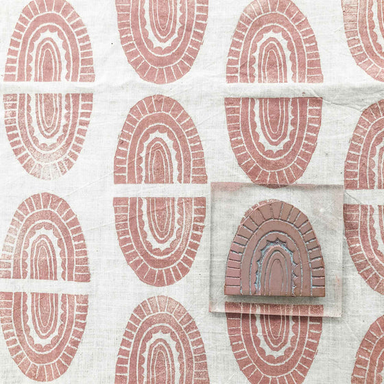 handcarved stamp block printed on fabric linocut